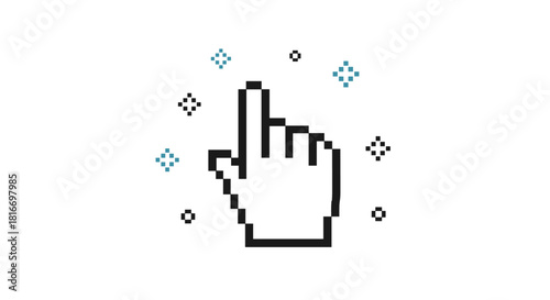 Pixelated hand cursor with sparkles indicates a click or selection in a retro or digital interface, emphasizing interactivity and technology.
