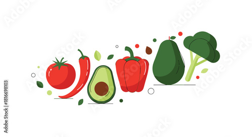Colorful vector illustration of fresh vegetables including tomatoes, chili peppers, avocados, bell peppers, and broccoli on white background.