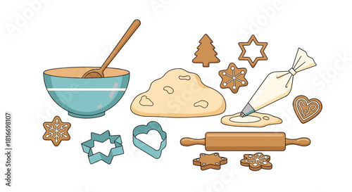 Festive baking scene featuring dough, bowl, spoon, rolling pin, pastry bag, cookie cutters, and beautifully decorated holiday gingerbread cookies.