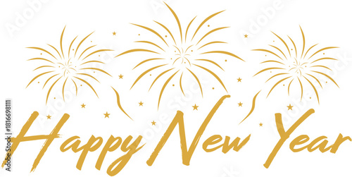 Happy New Year - golden text, inscription, style, fireworks, New Year's Eve