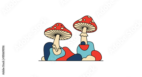 Colorful psychedelic mushrooms with red caps and white spots stand tall on a wavy ground with blue, red, and tan shapes.