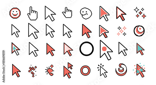 Collection of retro pixelated computer cursor icons with a 90s graphic design style, ideal for use in vintage interfaces and gaming projects.