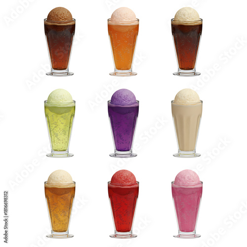 An assortment of colorful ice cream soda floats in tall glasses, showcasing a variety of classic sweet dessert flavors isolated on a white background