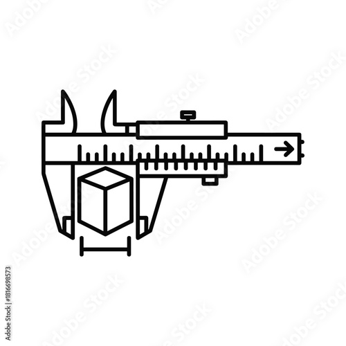 Line art icon of a caliper measuring the dimension of a small cube, isolated on