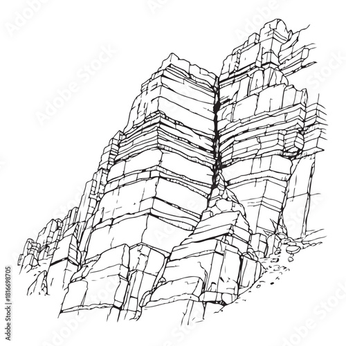 Detailed line art illustration of a layered rock formation on white background stone mountain
