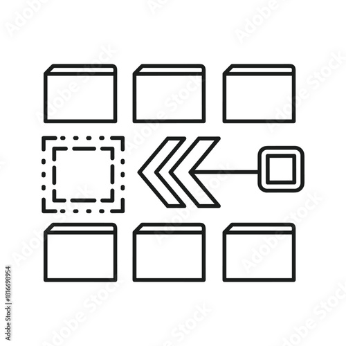Black and white icon representing a selection process, data flow, or transformation from multiple items to a single output
