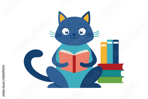 Charming cat enjoying a book in a gentle peaceful reading Vector illustration isolated on white background