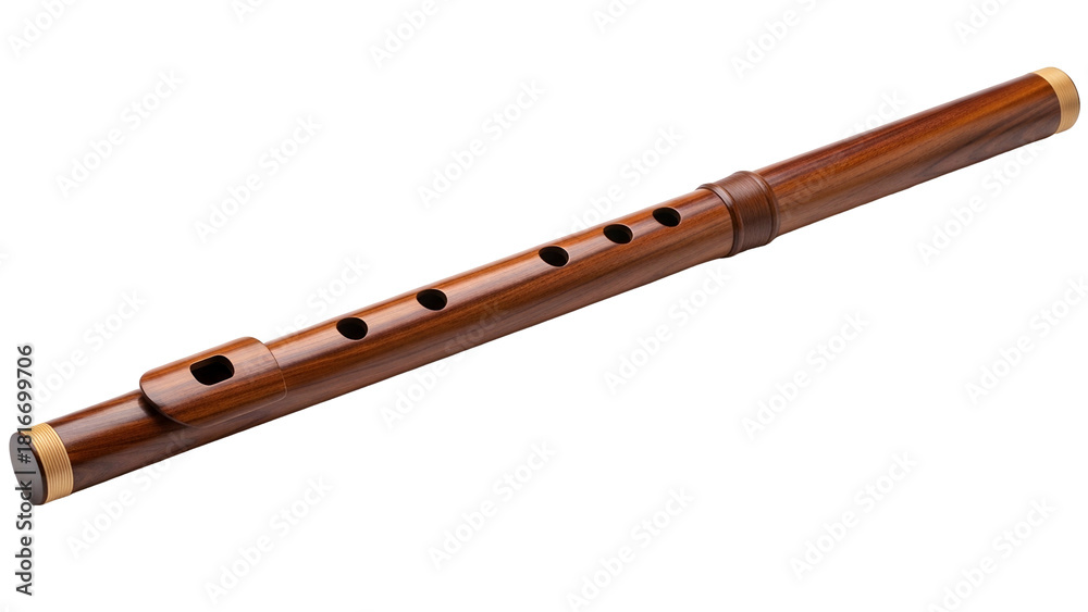 Naklejka premium A dark wood flute with gold accents and circular finger holes against a black background