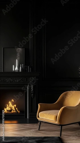 Warm, inviting interior with dark wood paneling, a fireplace and soft yellow armchair.