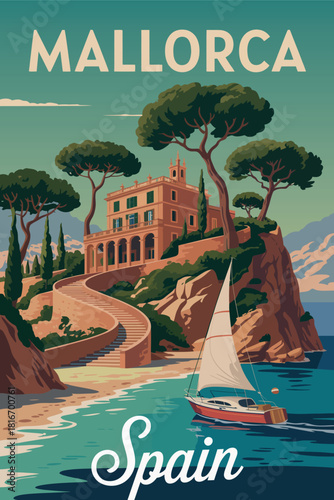 mallorca spain vintage travel poster with coastal landscape illustration