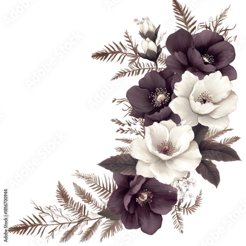 Dark and light flowering botanical arrangement cascades along the right edge against a white background