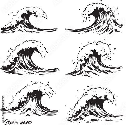Storm Waves: A collection of stylized illustrations captures the raw power and dynamic beauty of the ocean's formidable waves. Each depiction showcases the intricate details of cresting water.