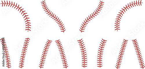 Red Baseball Stitching Seamless Vector Elements Collection Isolated on White Background for Sports Design, Game Logos, and Graphic Texture