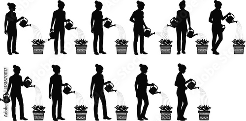 Diverse Female Figures Watering Houseplants in Decorative Pots Silhouette Set Illustrating Women Caring for Indoor and Outdoor Garden Flowers