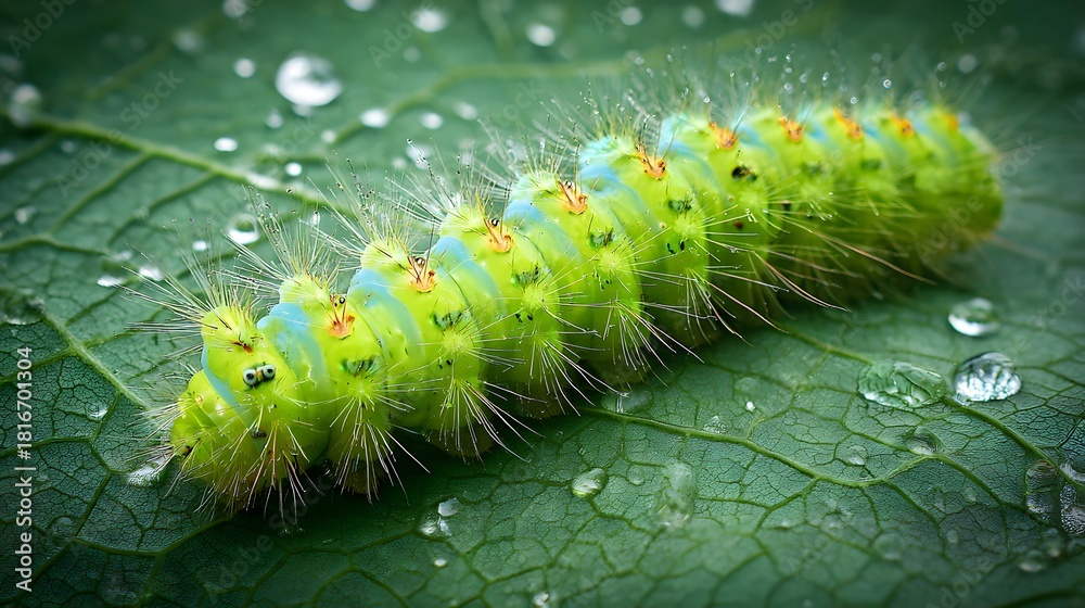 Naklejka premium Vibrant green Io moth caterpillar crawling on a large leaf covered in fresh morning dew drops.