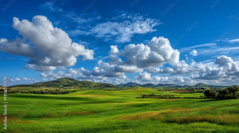 Fototapeta premium Vibrant Green Landscape Under a Dynamic Blue Sky with Fluffy White Clouds.