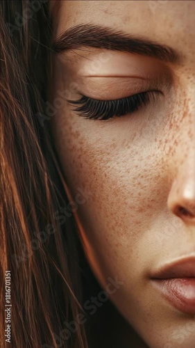Close-up of a woman's face focusing on skin texture with fine lines and freckles.