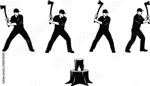 Lumberjack Axe Throwing Silhouette Sequence Illustration Showing Woodsman Swinging Axe at Log on Tree Stump in Traditional Woodcutting Action