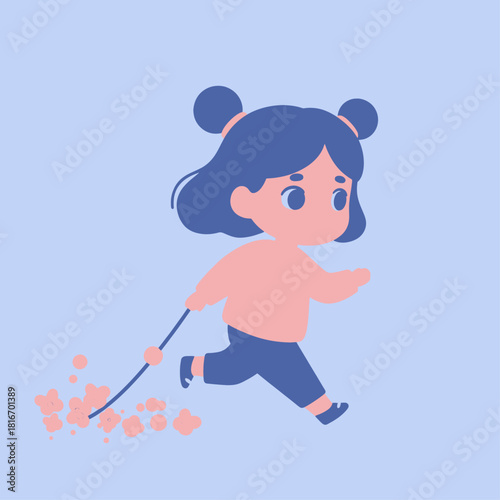 A cute cartoon girl with blue hair running and dragging a stick, creating a trail of pink flowers.