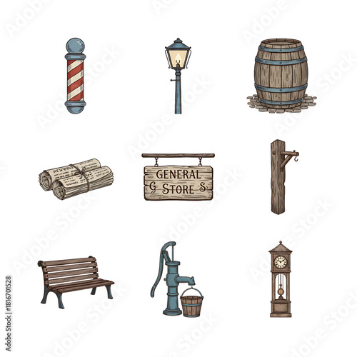 Hand-drawn collection of vintage Americana objects representing a classic old town and general store