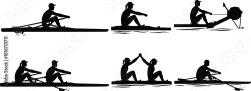 Rowing and Rower Sport Silhouettes Vector Collection, Athletes Training on Water and Ergometer Machine, Set of Black and White Graphics for Competition, Fitness, Teamwork