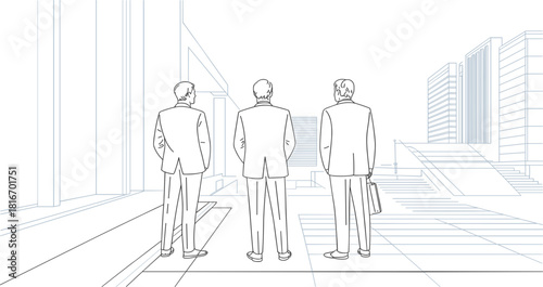 Three businessmen standing with backs turned, looking at modern cityscape, black line art vector for corporate, finance, urban development, and opportunity concepts