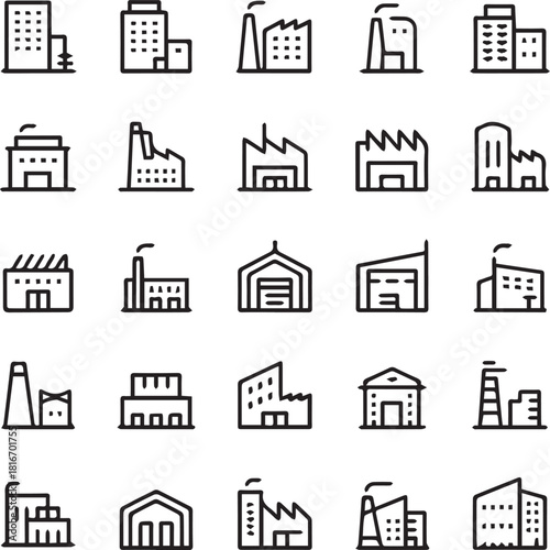 Vector Outline Collection of Industrial, Commercial, and Business Buildings.