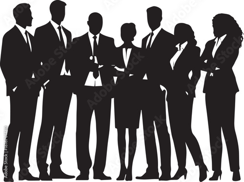 Silhouette Team of Professionals: A poised collective of business professionals stands together, a cohesive unit exuding confidence and collaboration. This visual representation speaks to unity.