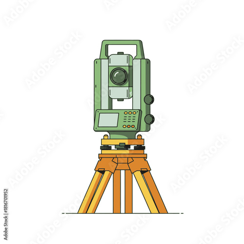 A green total station surveying instrument on a wooden tripod, used for precise land measurement and construction layout.