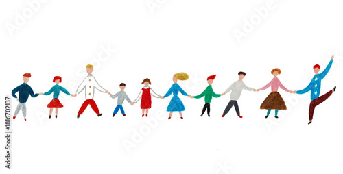 手描きイラスト　手をつなぐ男性と女性と子供