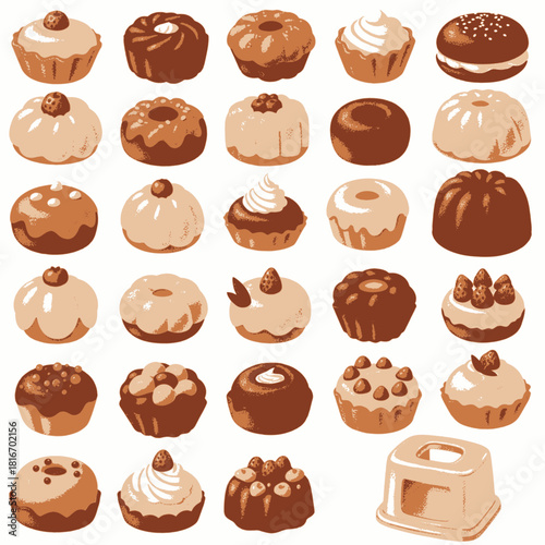 A collection of various small baked goods, including cupcakes, muffins, and pastries, in shades of brown and cream, arranged in a grid.
