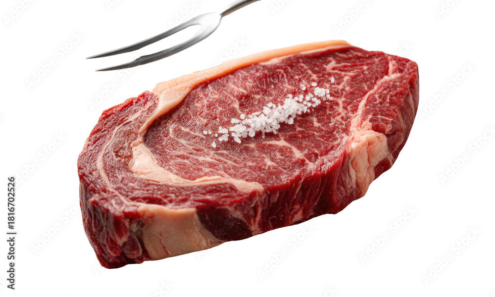 Obraz premium Raw Steak with Salt and Fork Isolated on Transparent Background Showing Texture Detail and Culinary Preparation