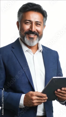 Man in business attire holding a tablet, smiling, and looking at the camera.