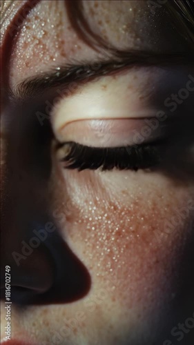 A young woman with freckles looking directly at the camera, her expression intense and full of emotion. The photograph has a strong emphasis on capturing the fine details of her skin texture and the