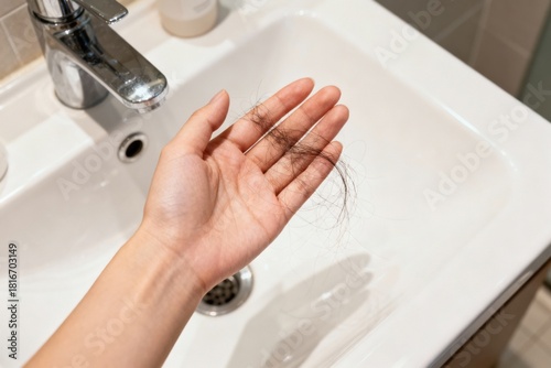 Woman holding clumps of fallen hair — symbol of hair loss due to nutrient deficiency, stress, or cancer treatment, emotional health struggle.