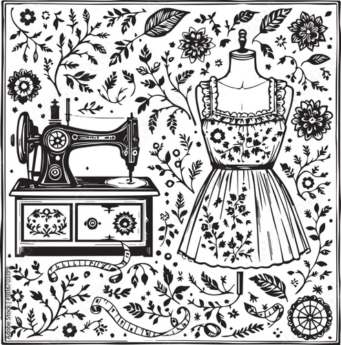 Vintage Craft: A charming illustration featuring a vintage sewing machine, a meticulously designed dress on a dress form, and delicate floral and botanical elements.