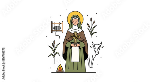 Saint with a halo, holding a cross, depicted in an illustration with a cow and plants