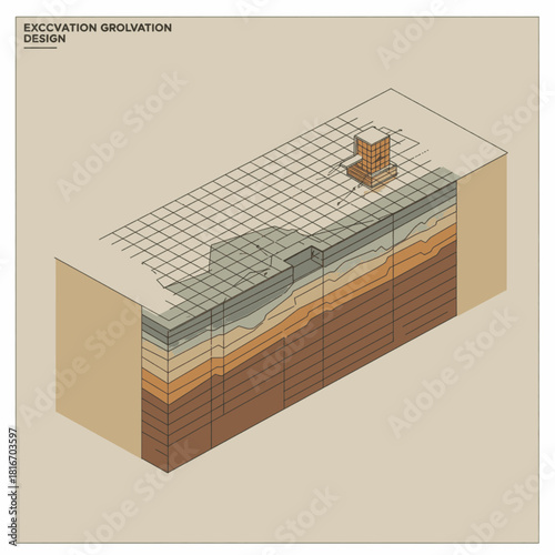 Isometric cross-section illustrating excavation, ground layers, and foundation design in civil engineering.