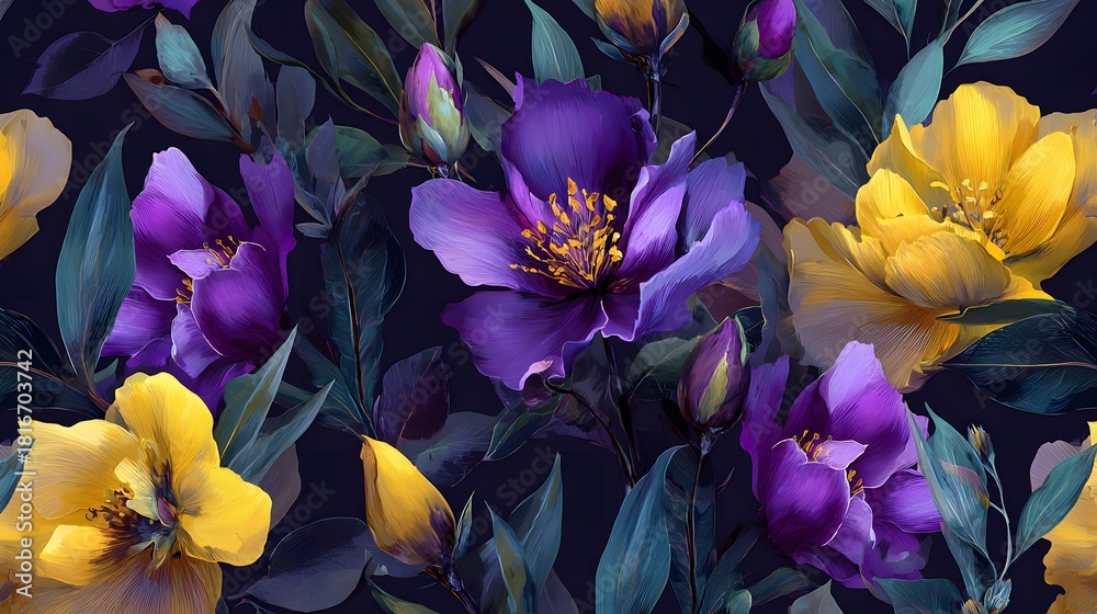 Naklejka premium Vibrant purple and yellow flowers blooming in a dark enchanted garden.