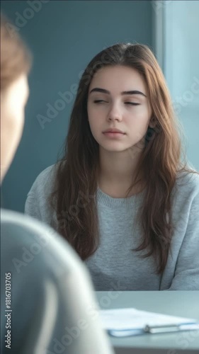 A woman with a contemplative expression looking away from the camera while seated at a table, possibly during an interview.