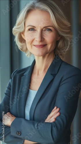 Middle-aged woman confidently posing with hands on her hips, wearing a business suit and looking professional.