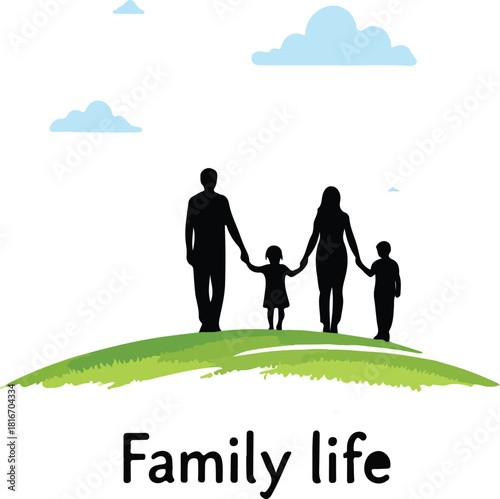 Family Silhouette: A heartwarming illustration of family life, depicting parents and children holding hands on a green landscape, with fluffy clouds in a blue sky above.