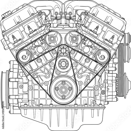 Detailed V8 engine block technical line art vector, internal combustion blueprint diagram, automotive engineering, mechanical schematics, and motor technology