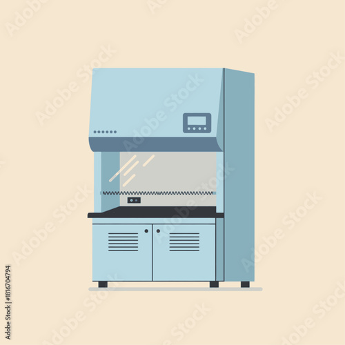 A detailed vector illustration of a light blue laboratory fume hood with a glass front and control panel, used for scientific experiments.