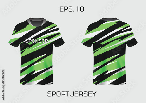 Sport Jersey Design Featuring Bold Green and Black Stripes with Sponsor Text Displayed