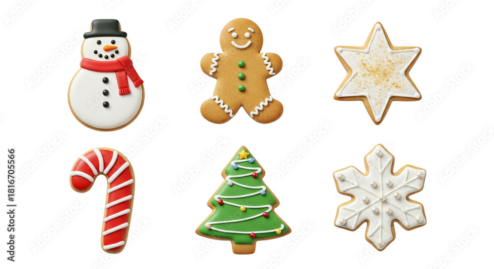 Obraz premium Six festive christmas cookies a gingerbread man, snowman, christmas tree, snowflake, star, and candy cane, isolated on transparent background