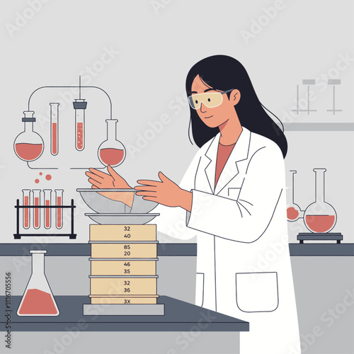 A female scientist in a lab coat and safety goggles conducting an experiment with sieves and various glassware in a science laboratory.