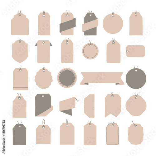 A comprehensive collection of blank brown and grey paper tags and labels in various shapes.