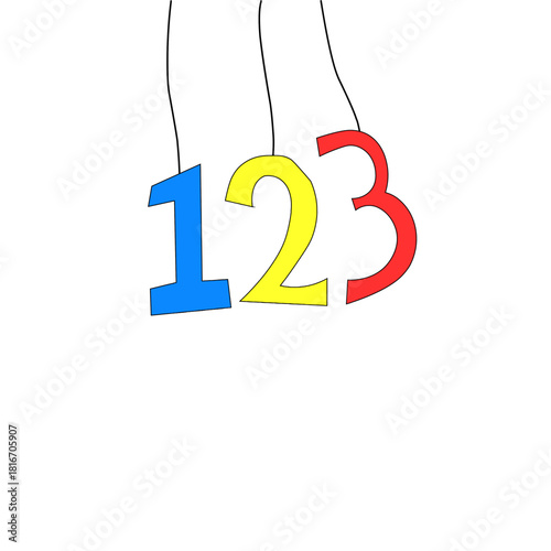 Three large figures 1, 2, 3 are brightly colored depending on a black string like decorations.