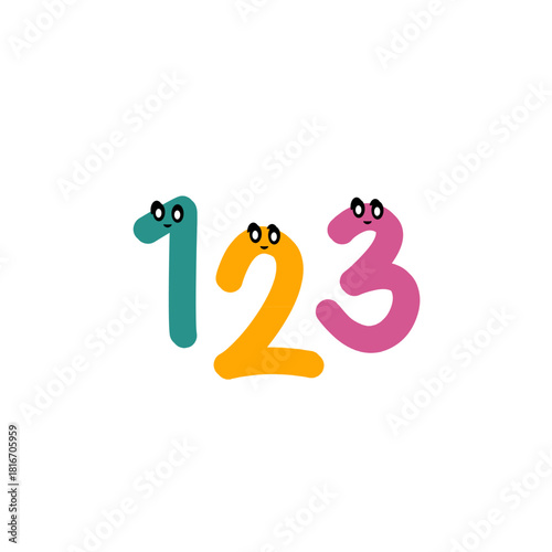 Three hard-coloured cartoon Numbers 1, 2, 3 with cute eyes and a funny mouth.